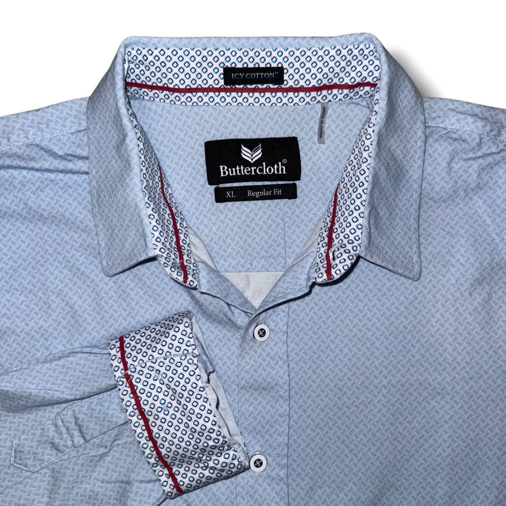 Buttercloth‎ Icy Cotton Shirt XL Regular Fit Blue Geometric Long Sleeve Stretch